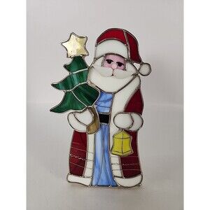 Santa Claus Stained Glass Old World Art Glass Votive Candle Holder 8" Christmas